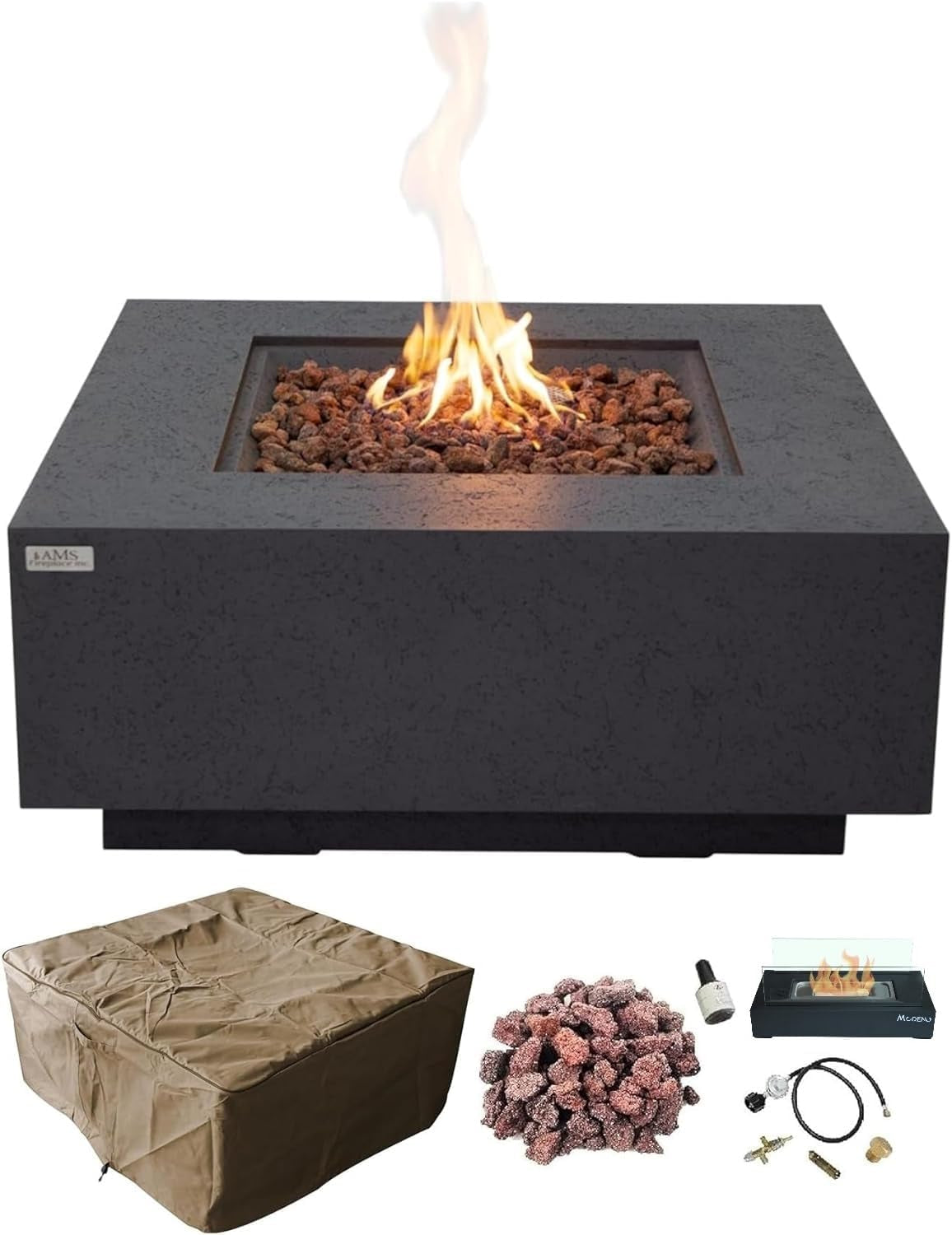 AMS Fireplace | Brooklyn 40"X40" Square Concrete Natural Gas Fire Pit Table | Dark Gray | Travertine (Coarse) Texture Surface | Outdoor Patio Heater Electronic Ignition outside Backyard Fireplace