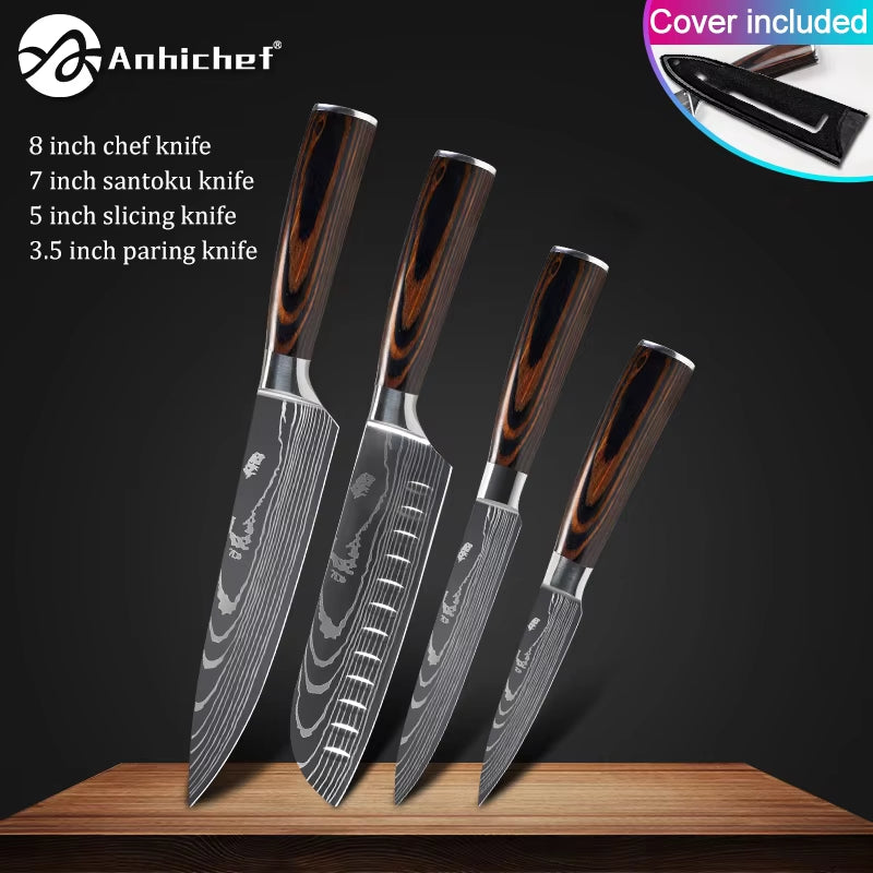 Professional Kitchen Knives Stainless Steel 7CR17 440C Laser Damascus Japanese Santoku Cleaver Slicing Utility Chef Knife Set