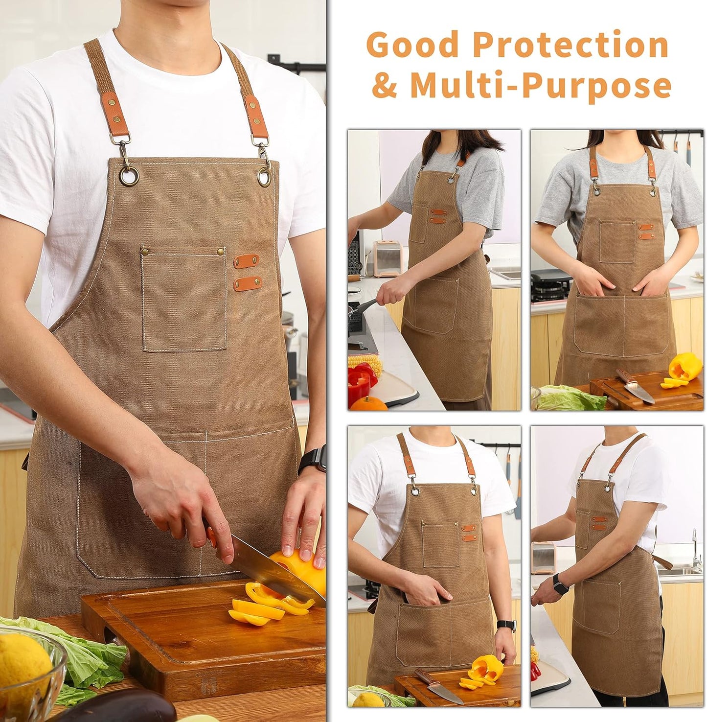 Canvas Cross Back Chef Cotton Aprons for Men Women with Large Pockets