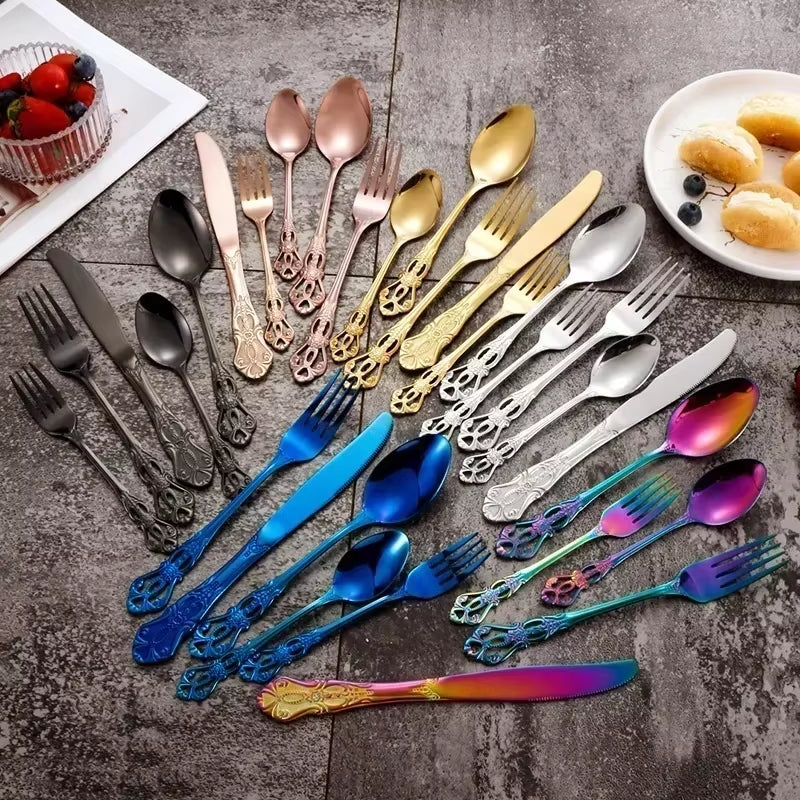 Golden Stainless Steel Cutlery Set Royal European Spoon Fork Complete Tableware Retro Design Dishwasher Safe Elegant Flatware