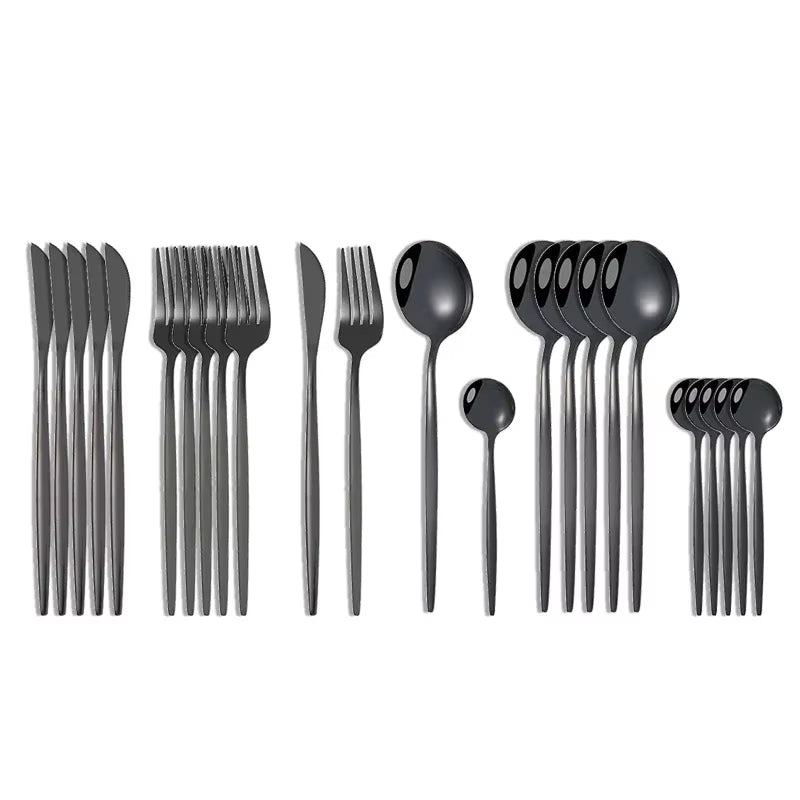 24Pcs Stainless Steel Dinnerware Set Black Gold Cutlery Spoon Fork Knife Western Cutleri Silverware Tableware Set Supplies