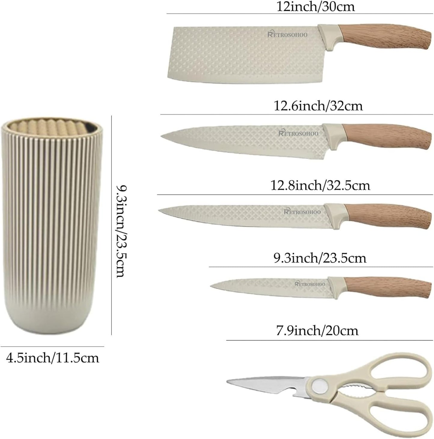 Kitchen Knife Set,  6-Pieces Khaki Sharp Knife Set for Kitchen, Non-Stick Non-Slip Stainless Steel Chef Knife Set with Universal Knife Block Suitable for Home Restaurant (Khaki)