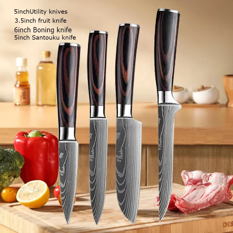 Damascus Chef'S Knife Kitchen Knives Set Professional Boning Knife Meat Cleaver Utility Knife Japanese Santoku Knife with Cover