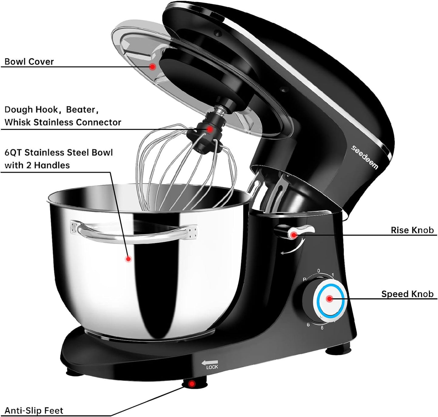 Stand Mixer, 6Qt Electric Food Mixer, 660W 6-Speeds Tilt-Head Dough Mixers with Dishwasher-Safe Dough Hook, Wire Whip & Beater for Daily Use, Black