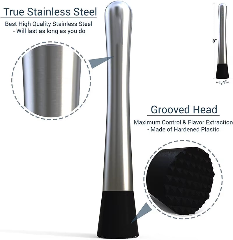 Stainless Steel Cocktail Drink Muddler - the Best Bar Tool for Old Fashioned & Mojito Stainless Steel W/ Grooved Nylon Head