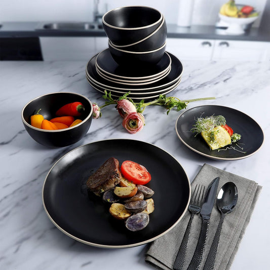 Rockaway round Stoneware Dinnerware Sets, Service for 4 (12Pcs), Black