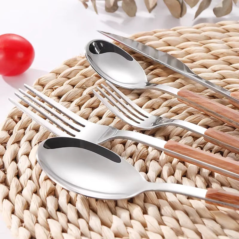 16Pcs Stainless Steel Imitation Wooden Handle Cutlery Set Dinnerware Clamp Western Tableware Knife Fork Tea Spoon Silverware