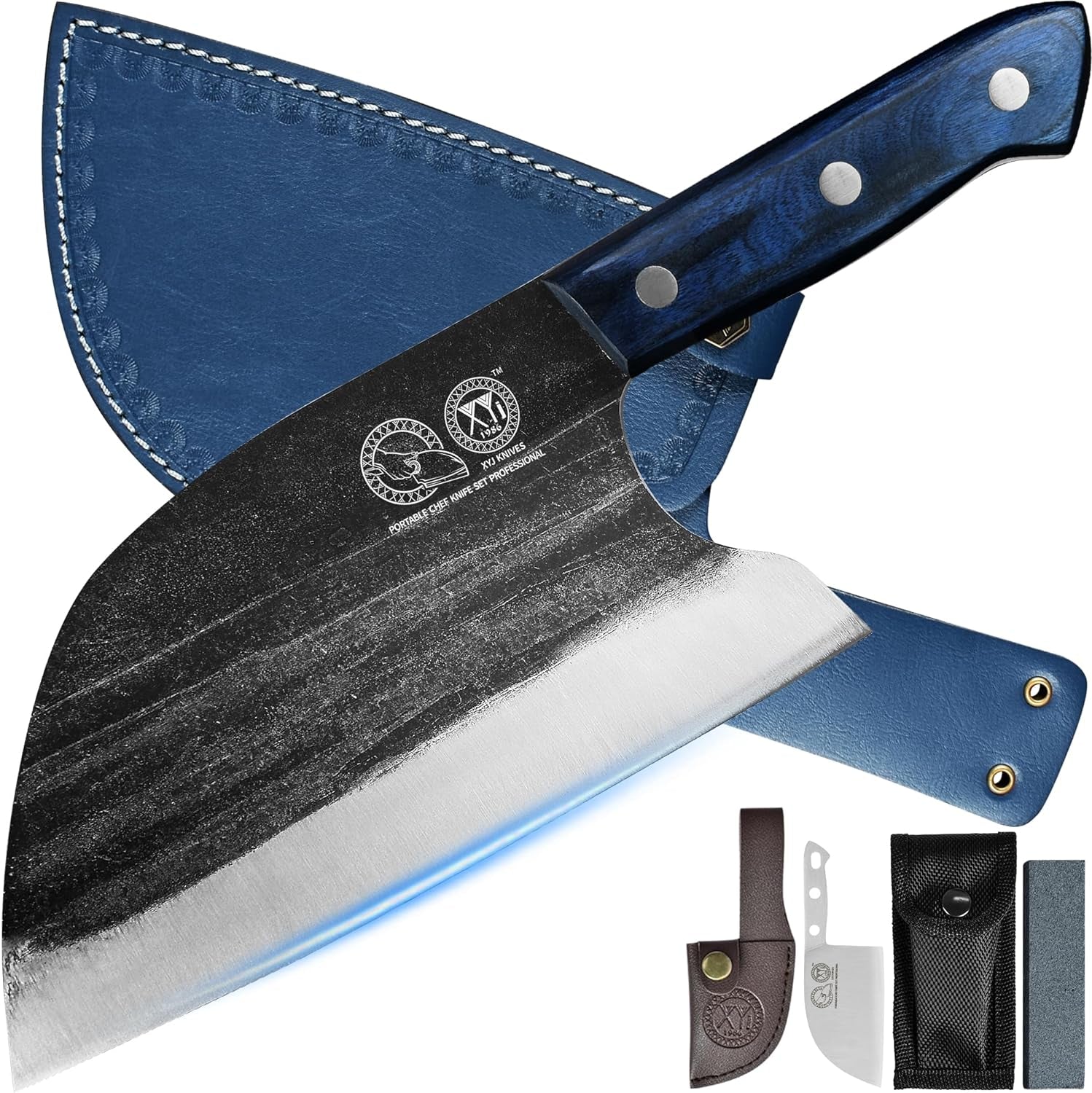 Authentic since 1986,Outstanding Ancient Forging,6.7 Inch Full Tang,Serbian Chefs Knife,Chef Meat Cleaver,Kitchen Knives,Set with Leather Sheath,Take Carrying,Butcher