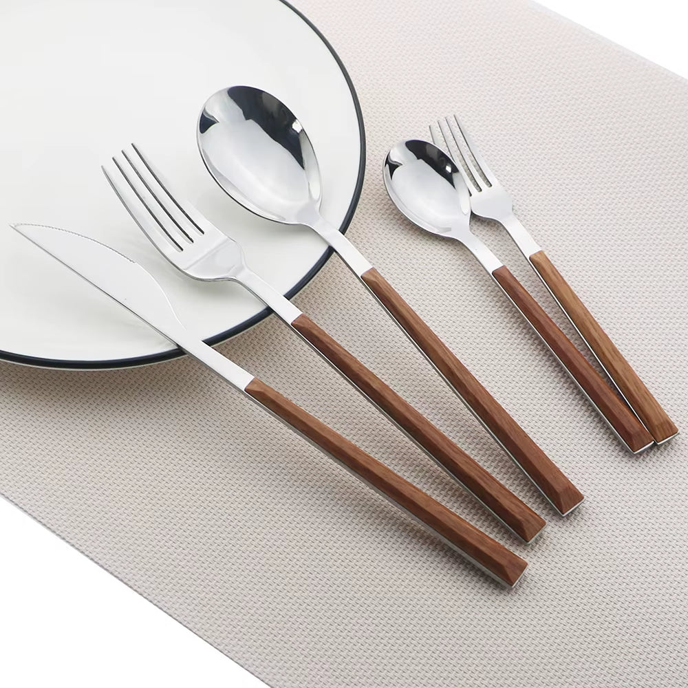 Imitation Wood Handle Cutlery Set Western Stainless Steel Tableware Set 6/12/20/24/30Pcs Kitchen Knife Fork Spoon Dinnerware Set