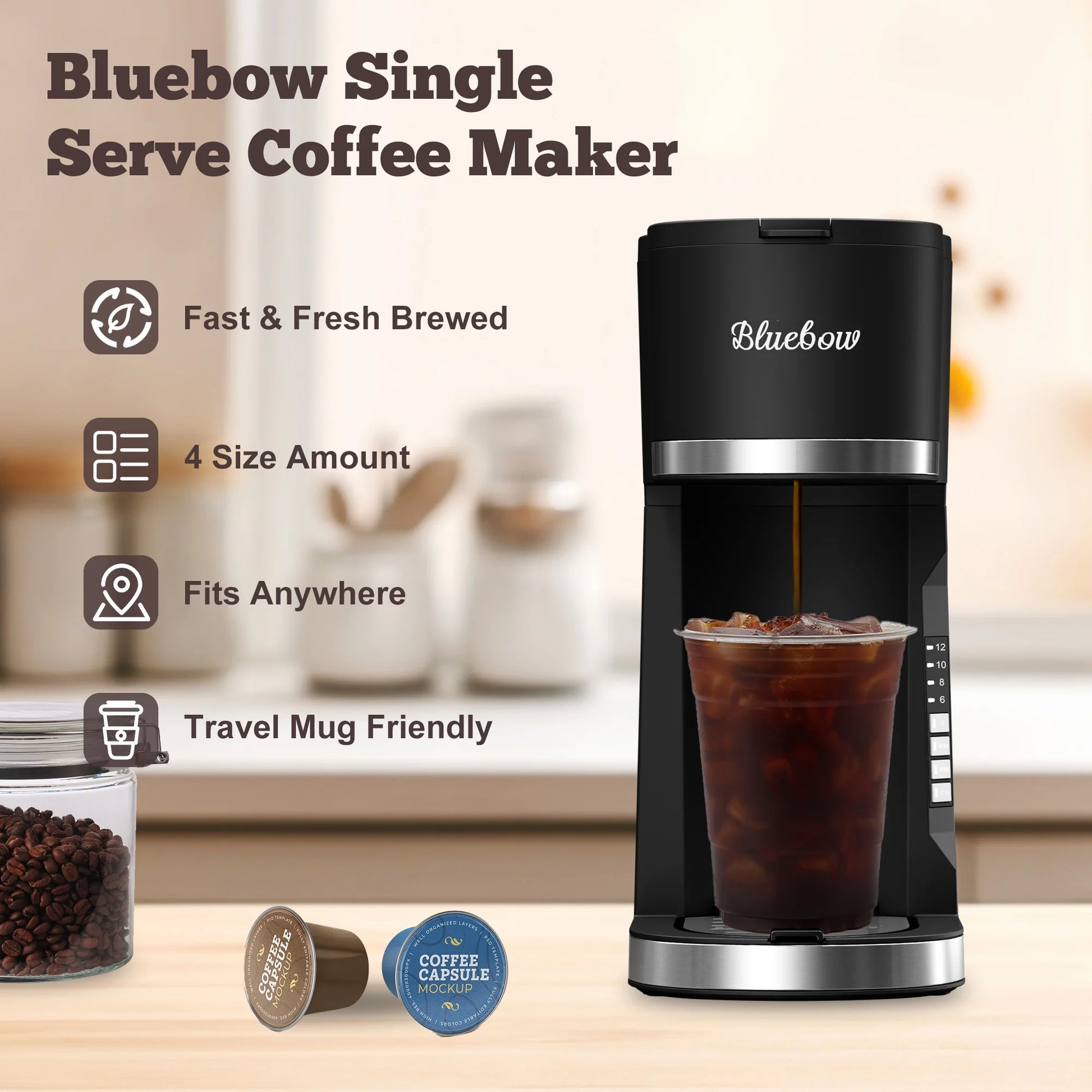 Hot & Iced Coffee Maker, 3 in 1 Single Serve Brew for K Cup, Ground Coffee & Tea, 6-12Oz Brew Size, Black