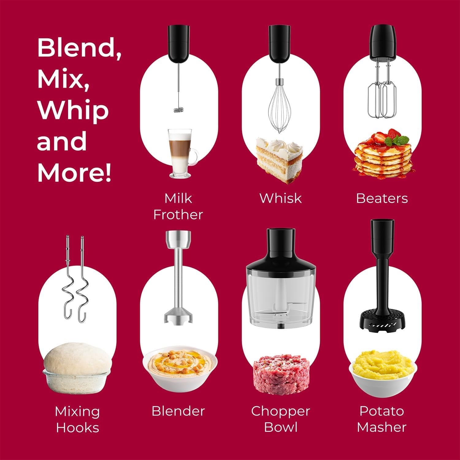 living Immersion Hand Blender Full Set - 8 Speed Immersion Blender, Hand Mixer with 7 Attachments: Stainless Steel Blade, Whisk, Milk Frother, Beater, Mixing Hooks, Potato Masher, Chopper Bowl