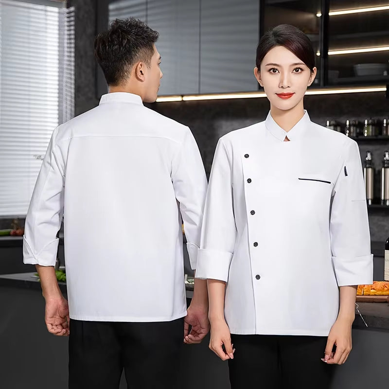 Men Chef Jacket with Apron Long Sleeve Chef Uniform Restaurant Cook Coat Chef T-Shirt Work Uniform Hotel Clothes Logo Women