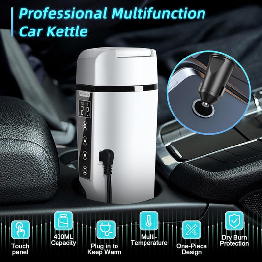 Car Electric Kettle: 12V/24V Portable Water Boiler Heated Travel Mug,Multiple Temperature Adjustable Coffee Tea Truck Cup with 304 Stainless Steel Dry Burn Protection & Handy Cup Bag