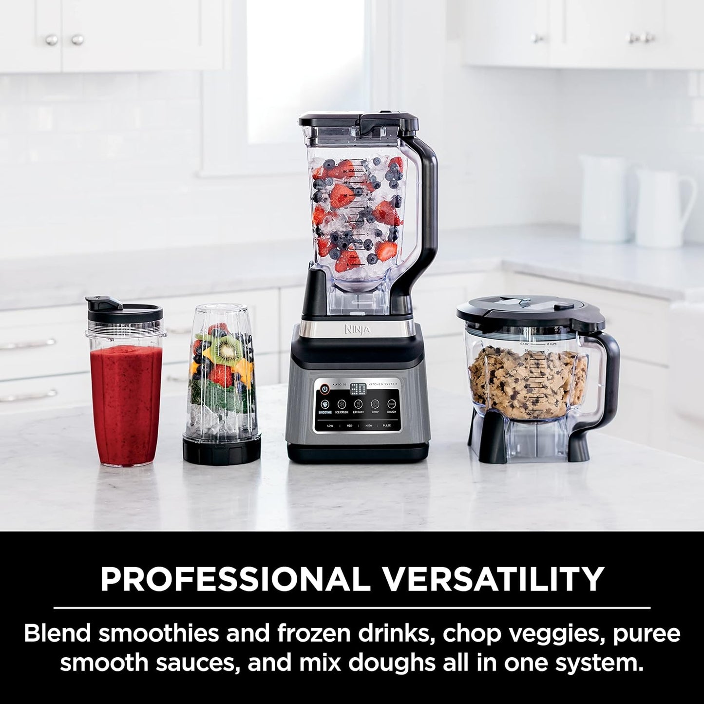 BN801 Professional plus Kitchen System, 1400 WP, 5 Functions for Smoothies, Chopping, Dough & More with Auto IQ, 72-Oz.* Blender Pitcher, 64-Oz. Processor Bowl, (2) 24-Oz. To-Go Cups, Grey