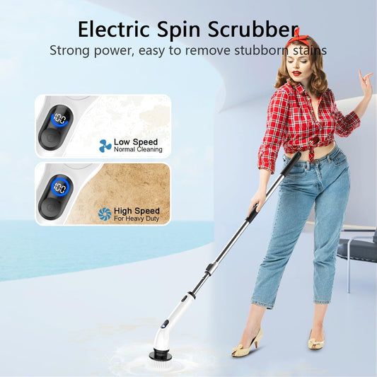 Electric Spin Scrubber, New Full-Body IPX7 Waterproof Bathroom Scrubber with Power LCD Display, Adjustable Extension Handle, Cordless Electric Cleaning Brush for Bathroom, Kitchen Cleaning