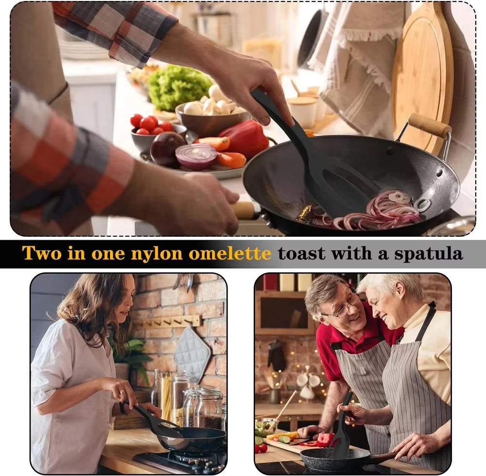 New 2 in 1 Grip Flip Spatula Tongs Egg Flipper Spatula Nylon Non Stick Coating Pancake Fish French Toast Omelet Making Tool2