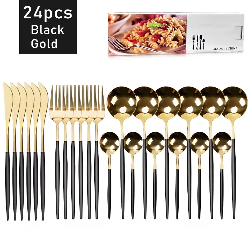 24Pcs Black Western Dinnerware Set Stainless Steel Cutlery Set Fork Knife Spoon Tableware Set Flatware Set Silverware Set