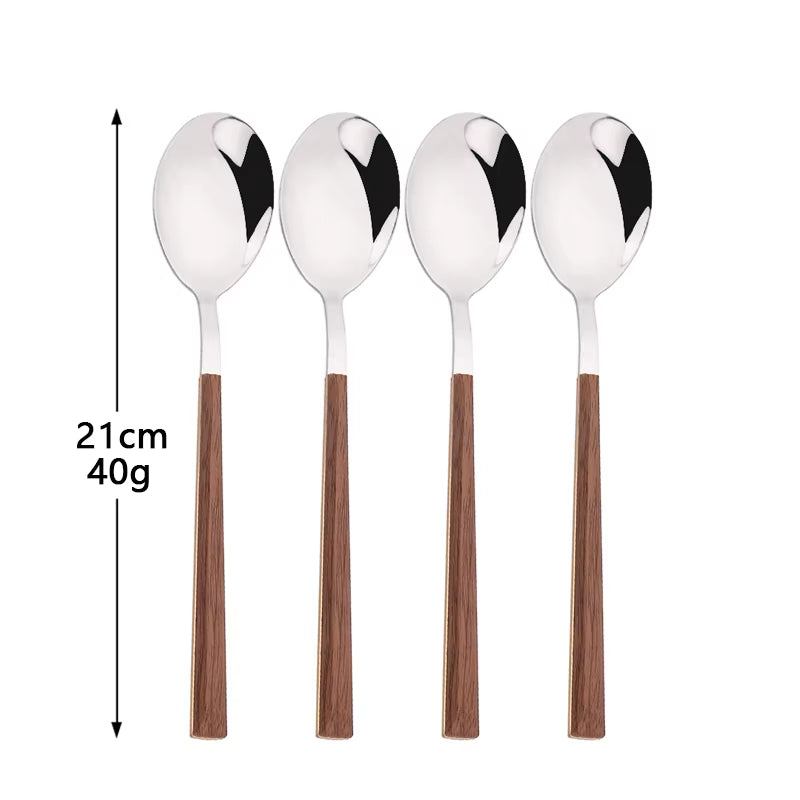 4/12/16Pcs Silver Cutlery Set Chopsticks Knife Fork Spoon Imitation Wooden Handle Korean Dinnerware Set Luxury Tableware Set