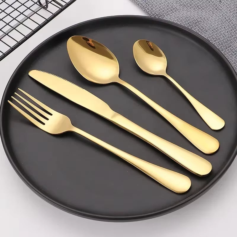 24Pcs Golden Tableware Set Light Luxury Stainless Steel Cutlery Fork Knife Spoon Dinnerware Set Minimalist Decor with Gift Box