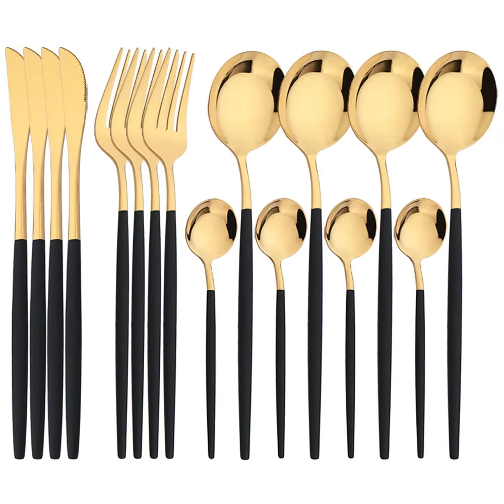 16Pcs Mirror Gold Dinnerware Set Stainless Steel Cutlery Set Fork Knife Coffee Spoon Tableware Silverware Kitchen Flatware Set