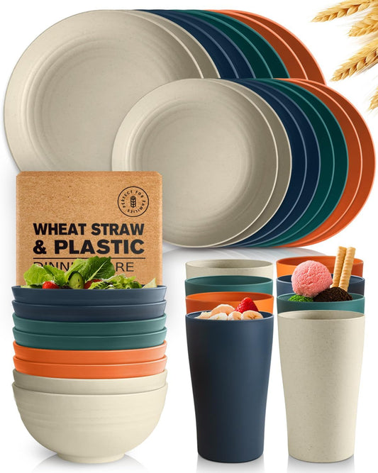 32-Piece Kitchen Plastic Wheat Straw Dinnerware Set, Service for 8, Dinner Plates, Dessert Plate, Cereal Bowls, Cups for Everyday Dining, Unbreakable Plastic Outdoor Camping Dishes, Colorful