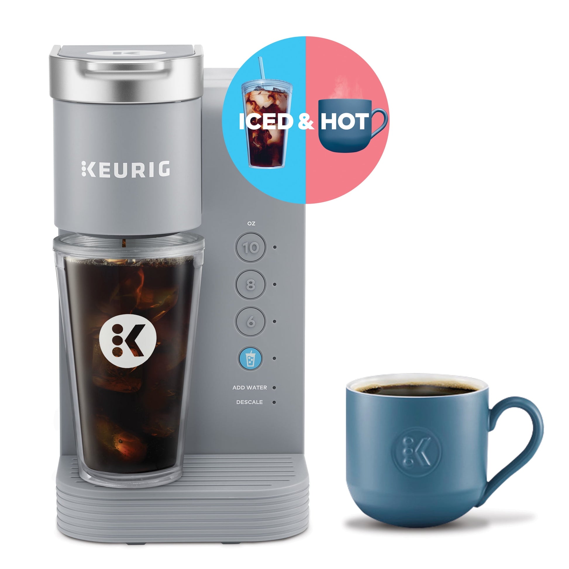 K-Iced Essentials, Gray Iced and Hot Single-Serve K-Cup Pod Coffee Maker, Reusable Tumbler Included