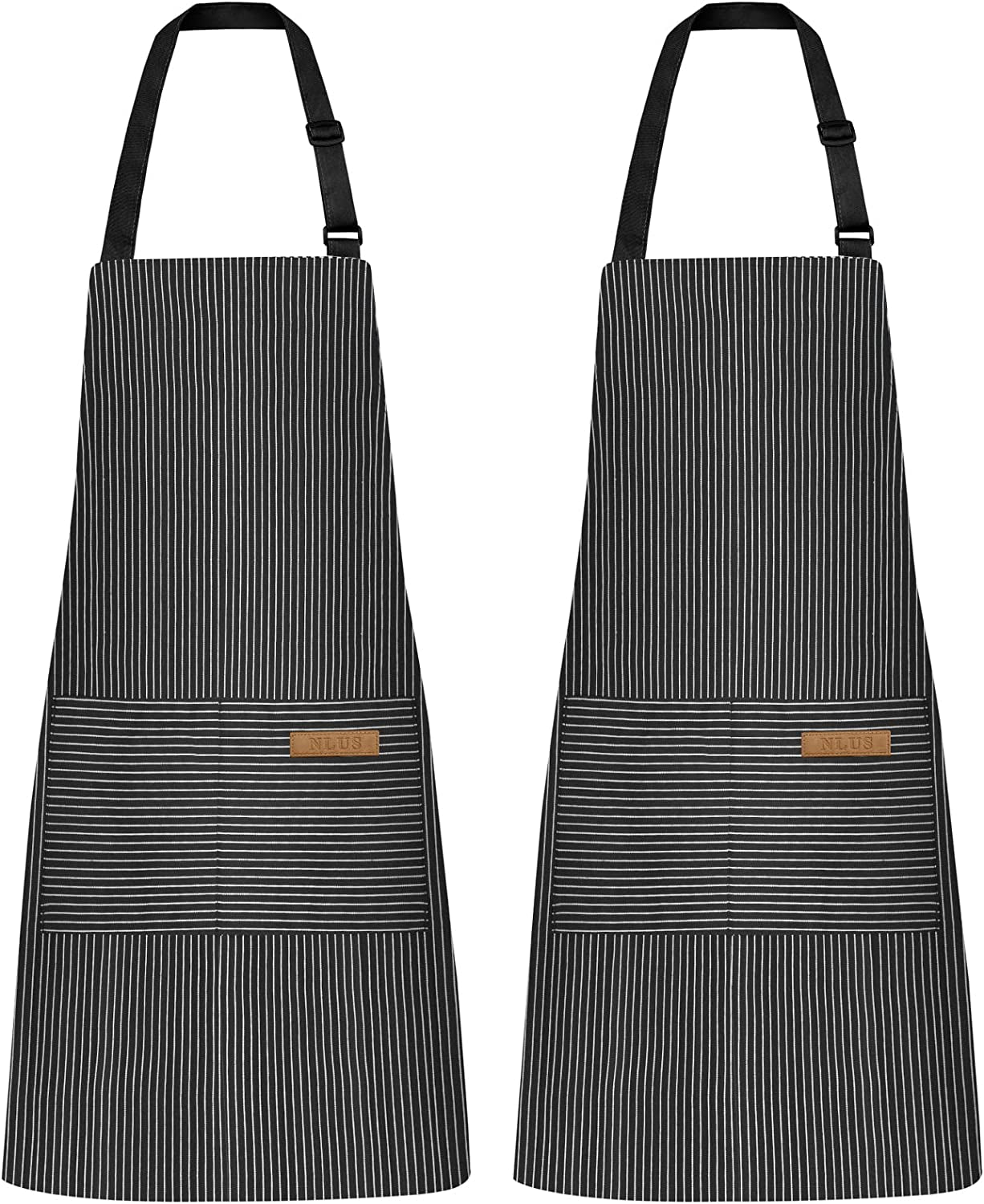 2 Pack Kitchen Cooking Aprons, Adjustable Bib Soft Chef Apron with 2 Pockets for Men Women(Black/Brown Stripes)