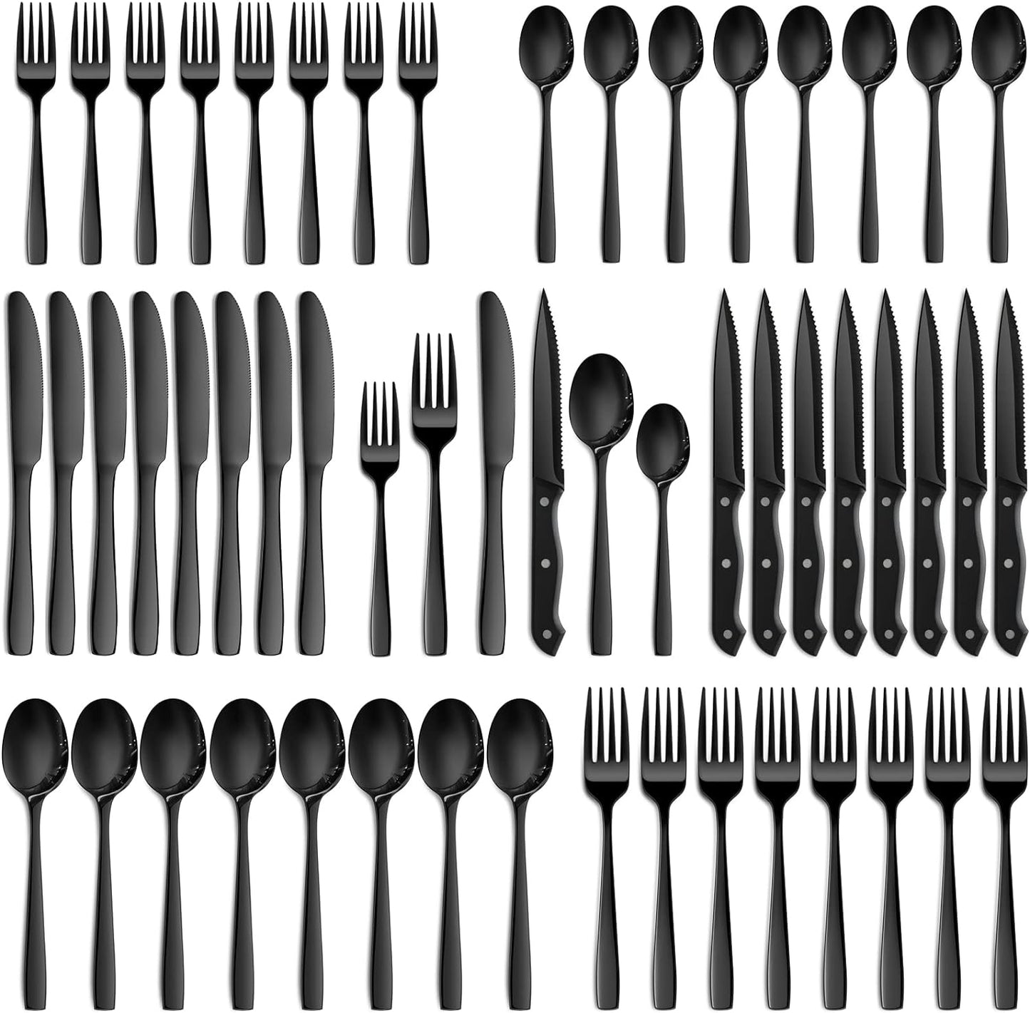 48 Pieces Black Silverware Set, Black Flatware Set with Steak Knives, Food-Grade Stainless Steel Cutlery Set for 8, Tableware Eating Utensils, Dishwasher Safe