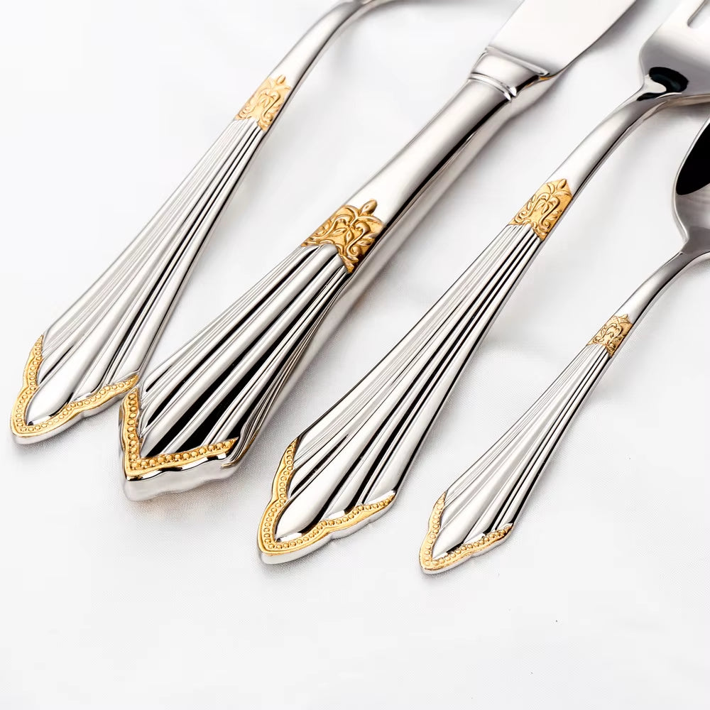 4/8/12/16/20/24/28 PCS Luxury Gold Plated Flatware Set Dishwasher Safe Cutlery Antique Silverware with Hollow Handle Table Knife