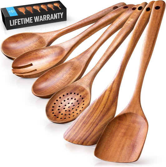 6-Piece Wooden Spoons for Cooking - Smooth Finish Teak Wooden Utensils for Cooking - Soft Comfort-Grip Wood Spoons for Cooking - Non-Stick Wooden Cooking Utensils - Wooden Spoon Sets