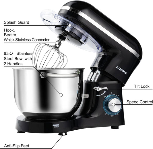 Stand Mixer,6.5-Qt 660W 6-Speed Tilt-Head Food Mixer, Kitchen Electric Mixer with Dough Hook, Wire Whip & Beater (6.5QT, Black)