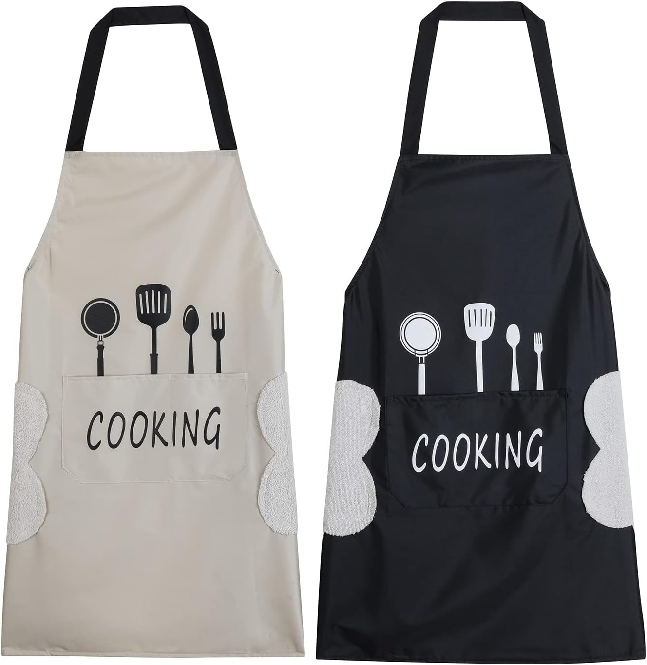 2 Pack Kitchen Apron with Hand Wipe,Water-Drop Resistant with 2 Pockets Cooking Bib Aprons for Women Men Chef