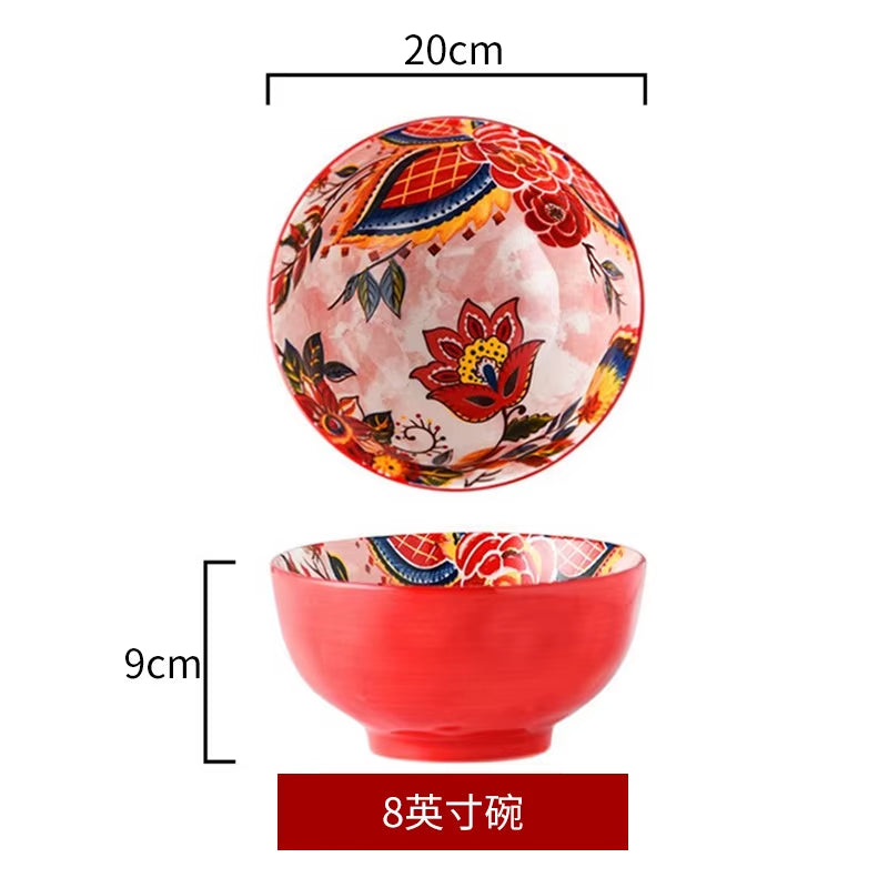 Ceramic Colorful Flower Dinner Plate Set Under-Glazed Retro Dinner Dishes Dinnerware Household Bowl Bakeware Flower Tableware