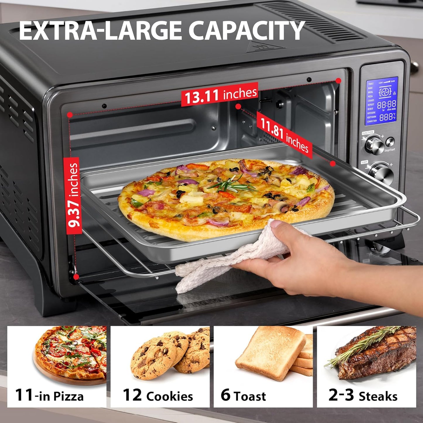 AC25CEW-BS Large 6-Slice Convection Toaster Oven Countertop, 10-In-One with Toast, Pizza and Rotisserie, 1500W, Black Stainless Steel, Includes 6 Accessories