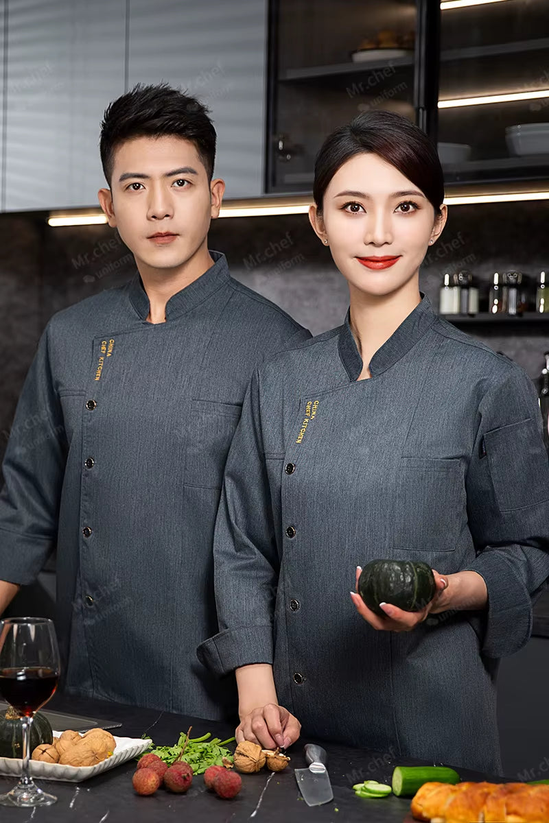 Men Chef Jacket with Apron Long Sleeve Chef Uniform Restaurant Cook Coat Chef T-Shirt Work Uniform Hotel Clothes Logo Women