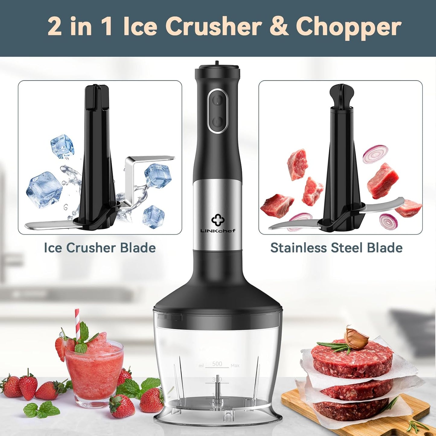 7 in 1 Immersion Blender Scratch Resistant, 2 Titanium Steel Blades 800W Hand Blender, 20 Speed and Turbo Mode Stick Blender Immersion with Whisk, Milk Frother, Food Processor, Beaker