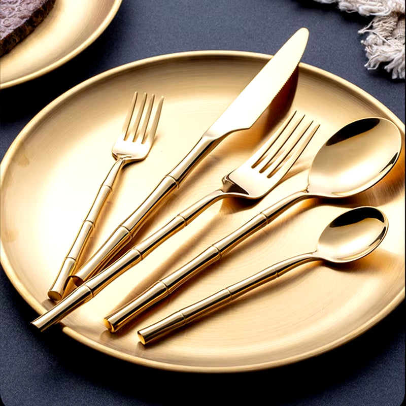 18/10 Cutlery Set Stainless Steel Steak Knife Fork Bamboo Design Golden Dinnerware Set Silver Flatware Set for 6