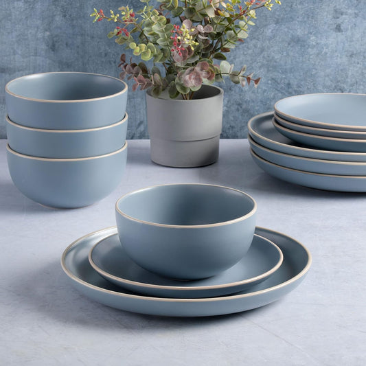 Rockaway round Stoneware Dinnerware Set, Service for 4 (12Pcs), Blue