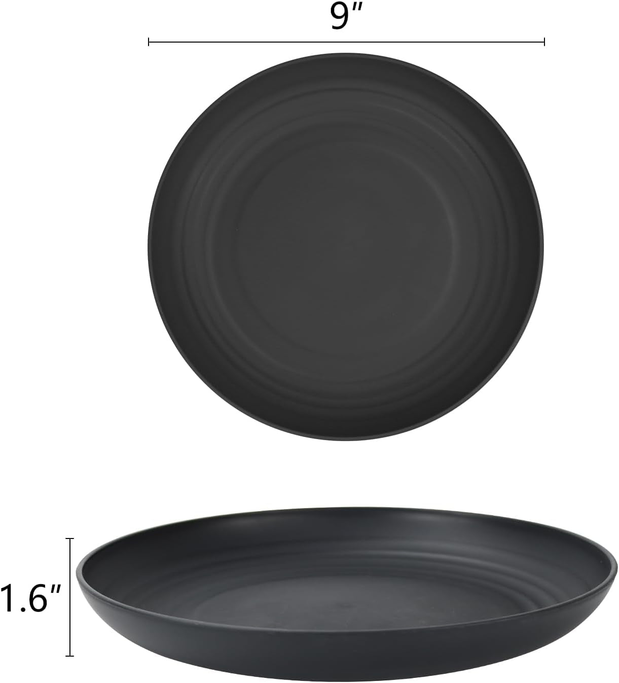 Deep Dinner Plates Set of 8 Alternative for Plastic Plates Microwave and Dishwasher Safe Wheat Straw Plates for Kitchen Unbreakable Kids Plates (Black, 9 Inch)