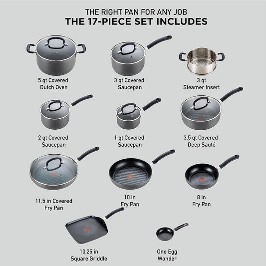 Ultimate Hard Anodized Nonstick Cookware Set 17 Piece, Oven Broiler Safe 400F, Lid Safe 350F, Kitchen Cooking Set W/ Fry Pans, Saucepans, Saute Pan, Griddle, Pots and Pans, Dishwasher Safe Black