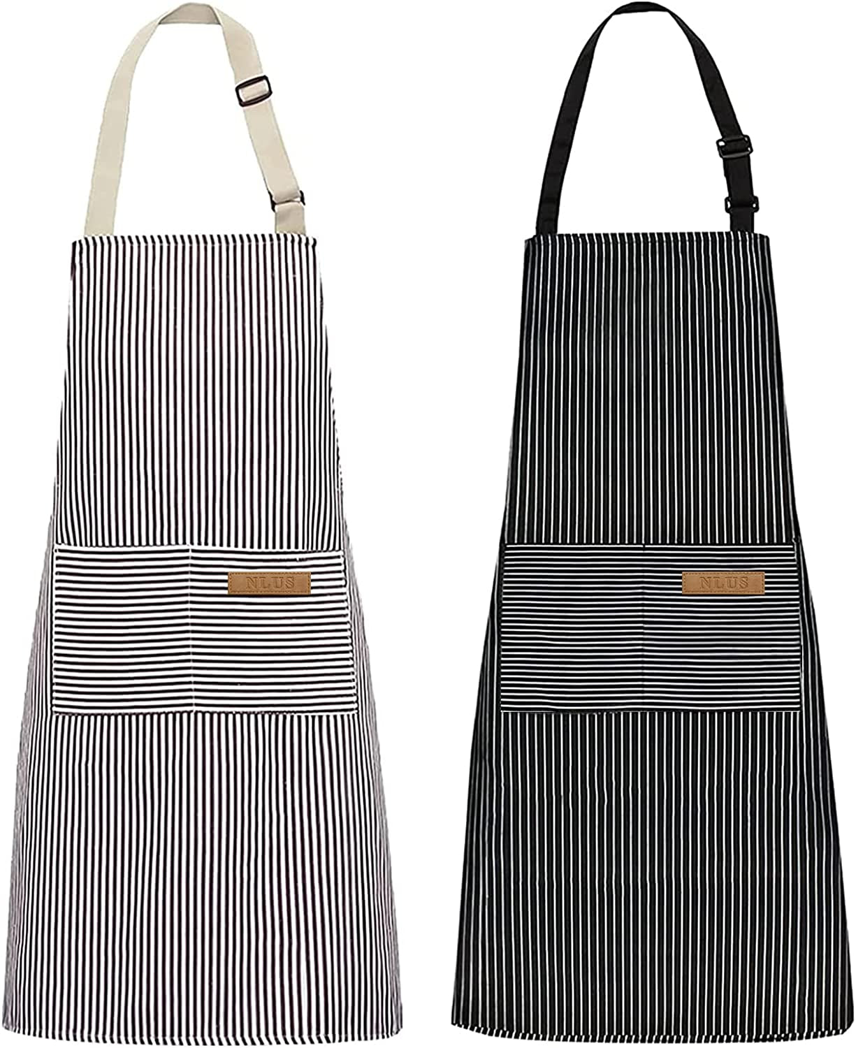 2 Pack Kitchen Cooking Aprons, Adjustable Bib Soft Chef Apron with 2 Pockets for Men Women(Black/Brown Stripes)