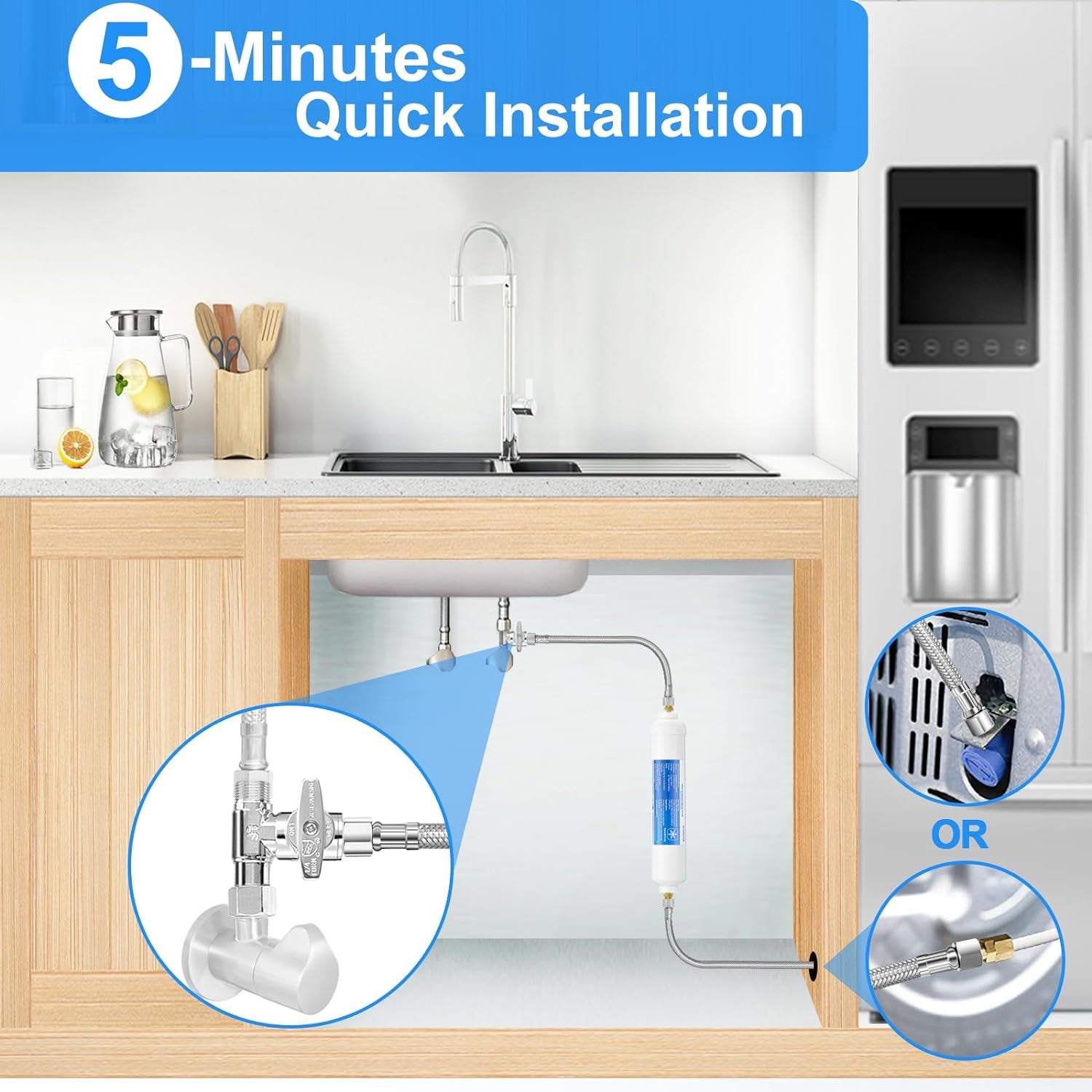 Refrigerator Water Line Kit - 15FT Stainless Steel Braided Ice Maker Water Line with Tee Stop Valve,Foodgrade PEX Inner Hose Fridge Water Line with 1/4" Comp Fitting and Tee Valve