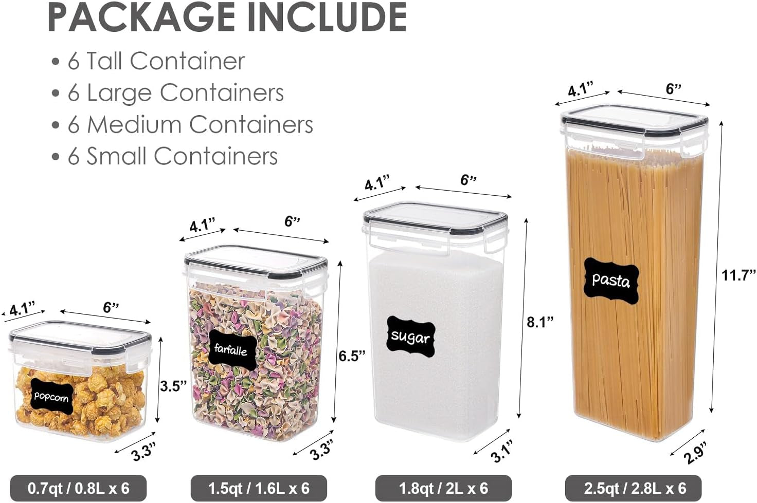 Airtight Food Storage Containers with Lids,  24 Pcs Plastic Kitchen and Pantry Organization Canisters for Cereal, Dry Food, Flour and Sugar, BPA Free, Includes 24 Labels，Black