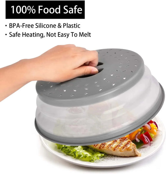 Vented Collapsible Microwave Splatter Cover for Food,Kitchen Dish Bowl Plate Lid Can Be Hung,Dishwasher-Safe,Fruit Drainer Basket,Bpa-Free Silicone & Plastic,Grey