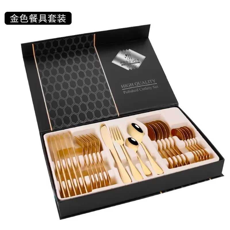 24Pcs Golden Tableware Set Light Luxury Stainless Steel Cutlery Fork Knife Spoon Dinnerware Set Minimalist Decor with Gift Box