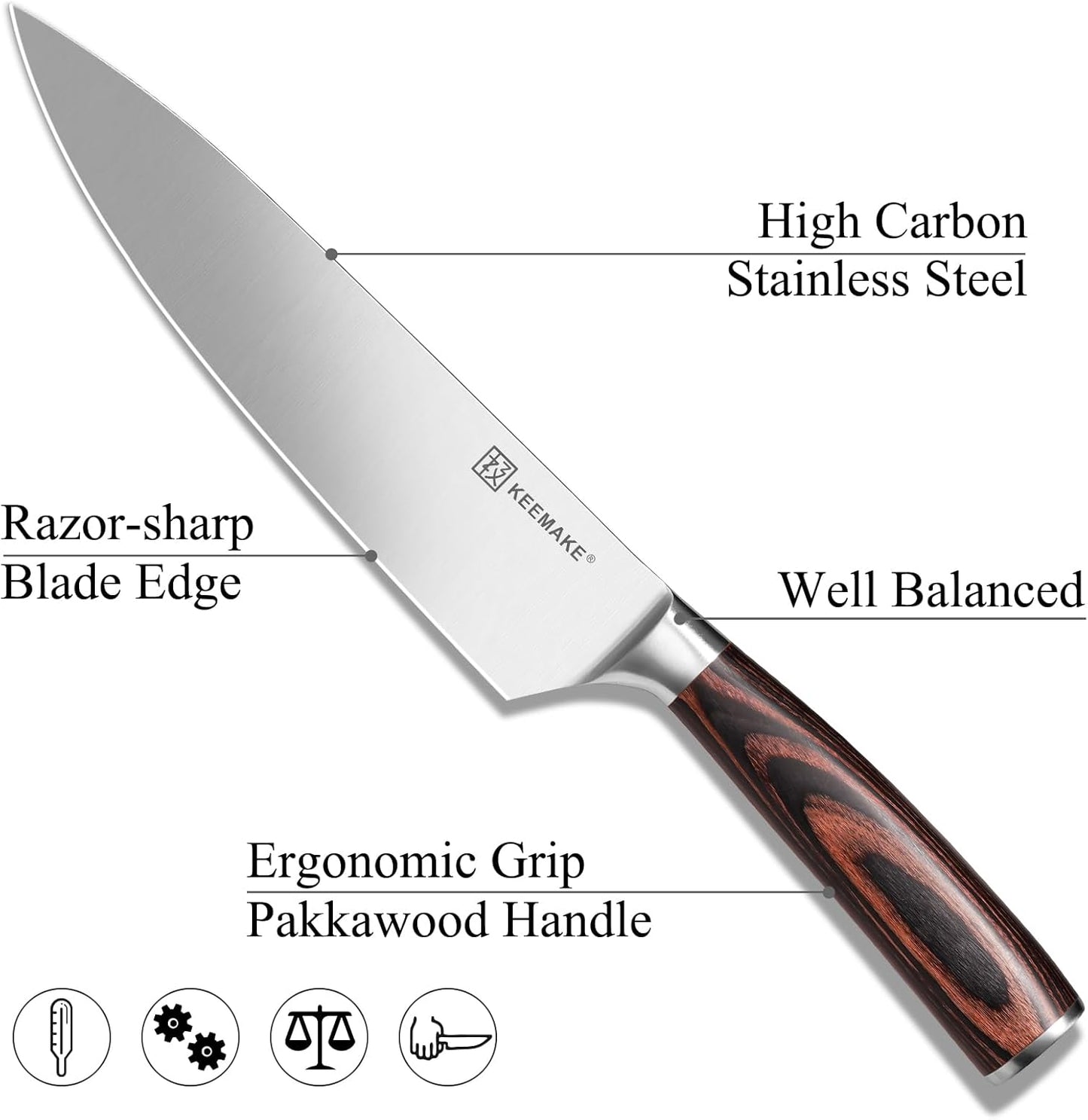 Chef Knife 8 Inch - Sharp Kitchen Knife High Carbon Stainless Steel Blade, Gyuto Knife Ergonomic Wood Handle, Professional Chef’S Knife for Home Kitchen and Restaurant