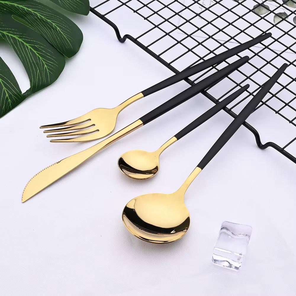 24Pcs Black Western Dinnerware Set Stainless Steel Cutlery Set Fork Knife Spoon Tableware Set Flatware Set Silverware Set