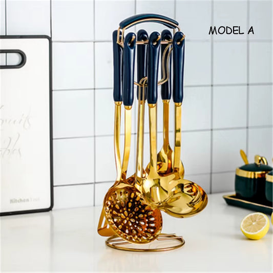 Ceramic Handle Gold Stainless Steel Kitchenware, Emerald Spoon, Colorful Kitchen Utensils,Cooking Cutlery Rack, 7Pcs in 1 Set