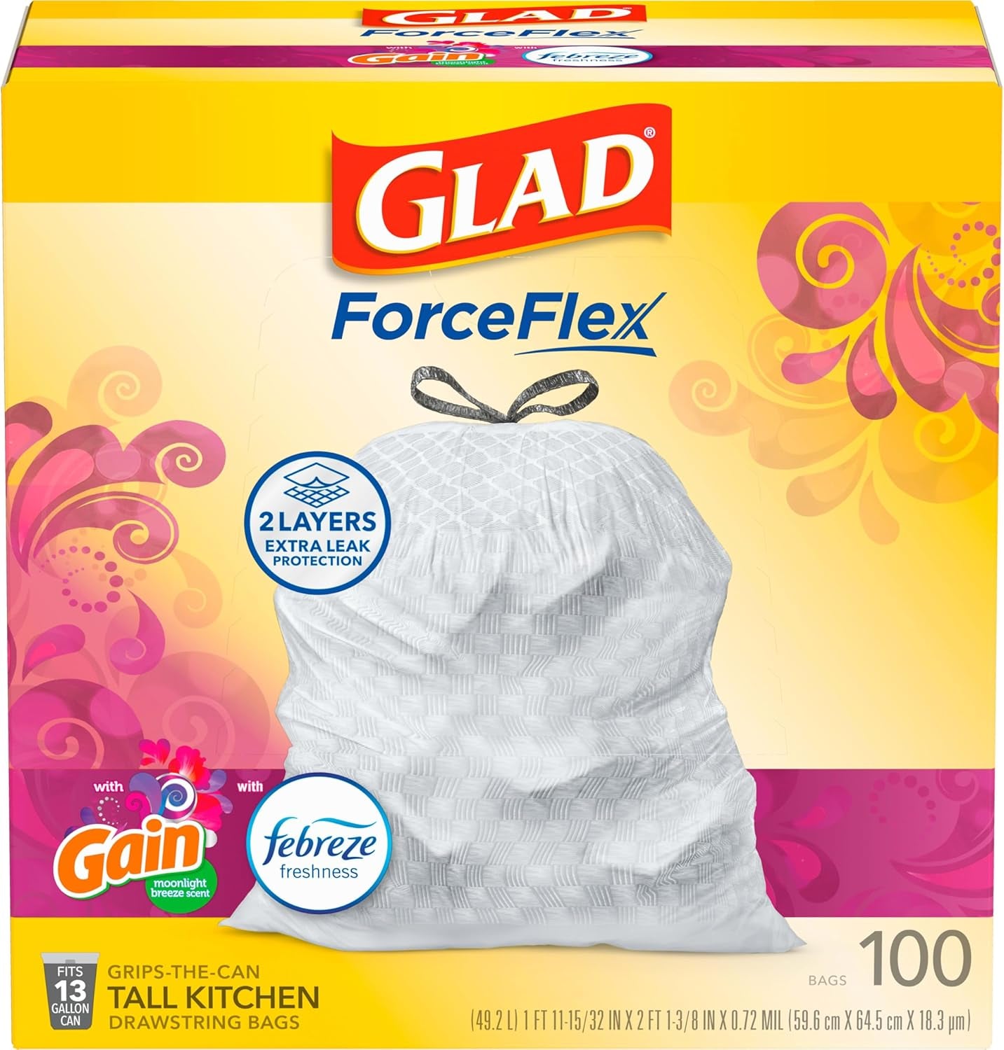 Forceflex Tall Kitchen Trash Bags, 13 Gal, Gain Moonlight Breeze, 100 Ct (Package May Vary)