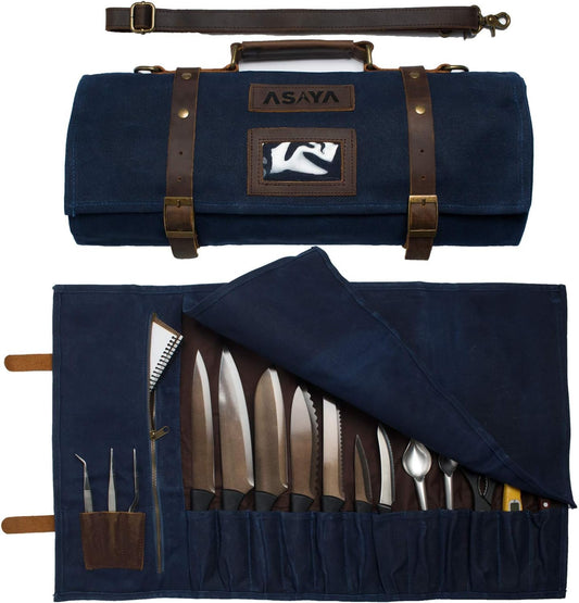 Waxed Canvas Knife Roll - 15 Knife Slots, Card Holder and Large Zippered Pocket - Genuine Leather, Cloth and Brass Buckles - for Chefs and Culinary Students - Knives Not Included